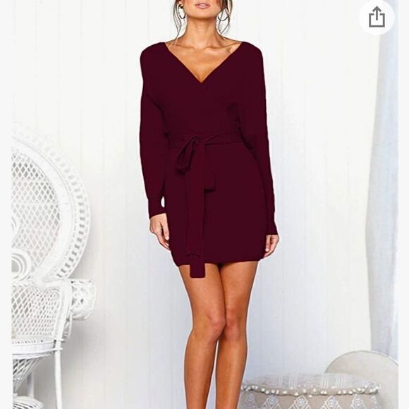 Batwing long sleeve backless mock wrap knit sweater mini dress - Picture 3 of 5